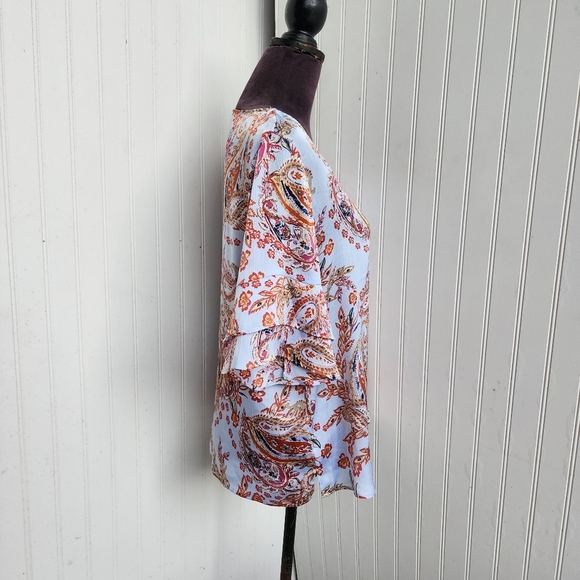 Zac & Rachel Light Blue Red Paisley Top  V-Neck Tunic Blouse Satin Bell Flare M - Picture 4 of 11